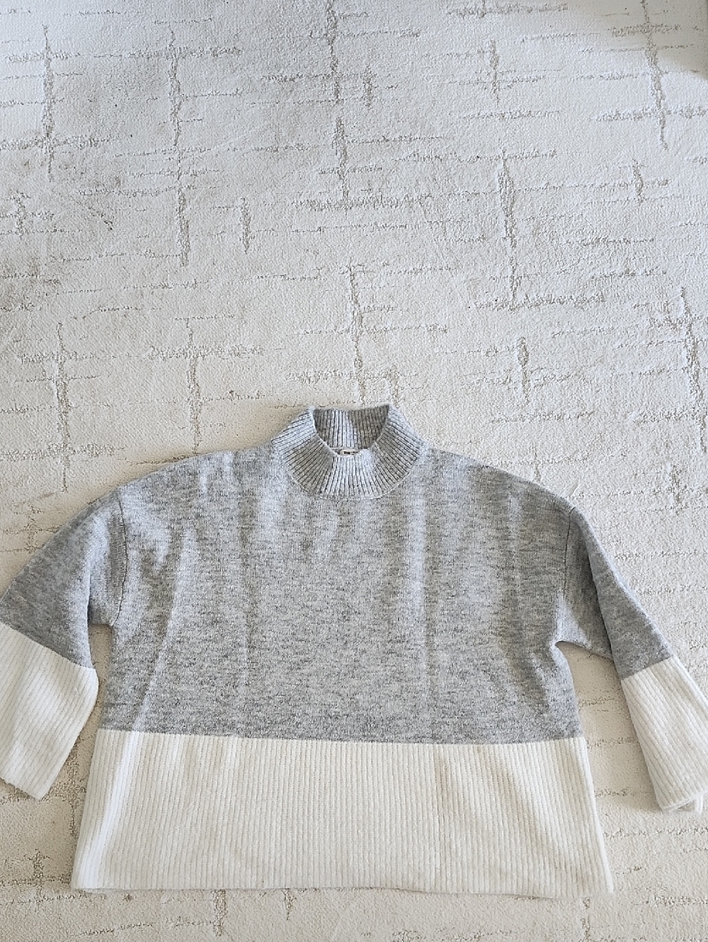 Cozy Two-Tone Gray & White Mock Neck Sweater
